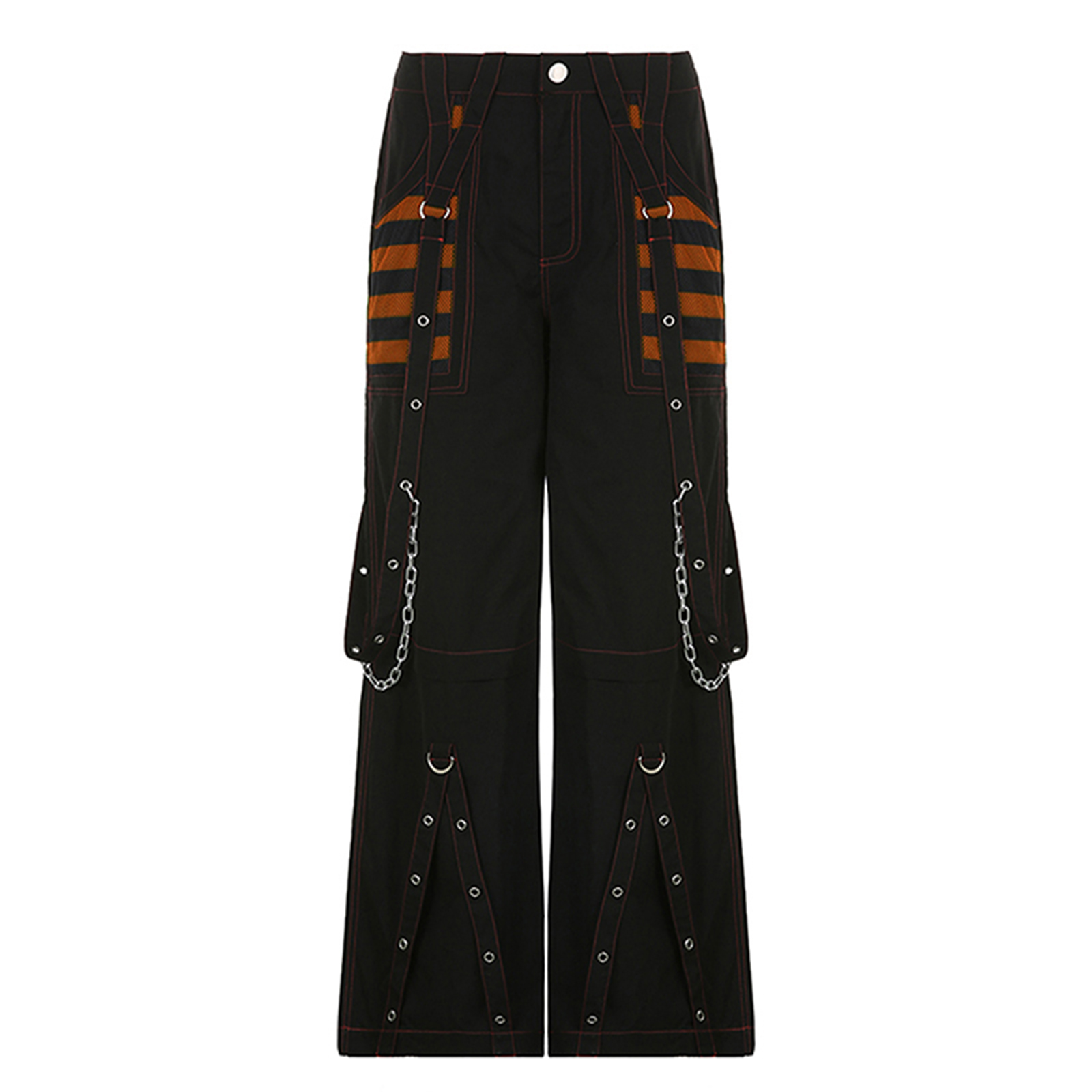 Women Fall Winter Cargo Jeans, Striped Loose Casual Trousers, Street wear Pants with Pockets, Zipper Button Closure