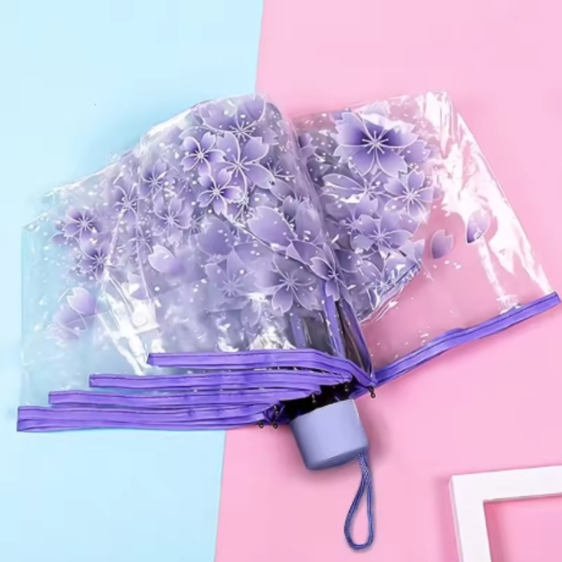Durable 3-Fold Girls Travel Umbrella, Fashionable Sakura Fresh Transparent Petal, Fully Automatic 8 Bones