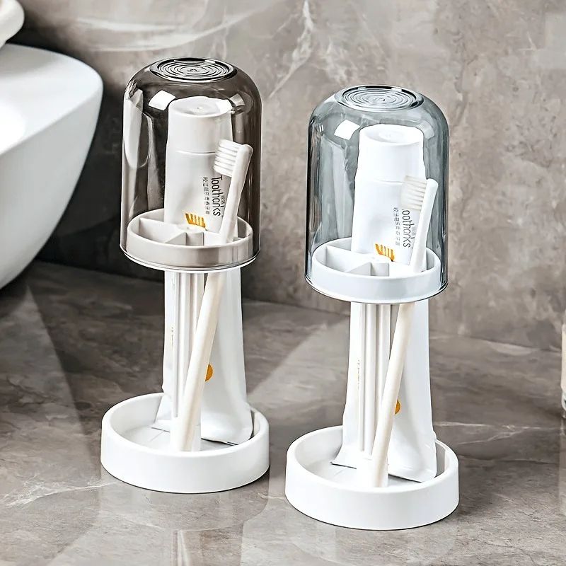 Multifunctional Toothbrush & Toothpaste Holder Set with Dustproof Cover | Bathroom Organizer with Drainage Storage