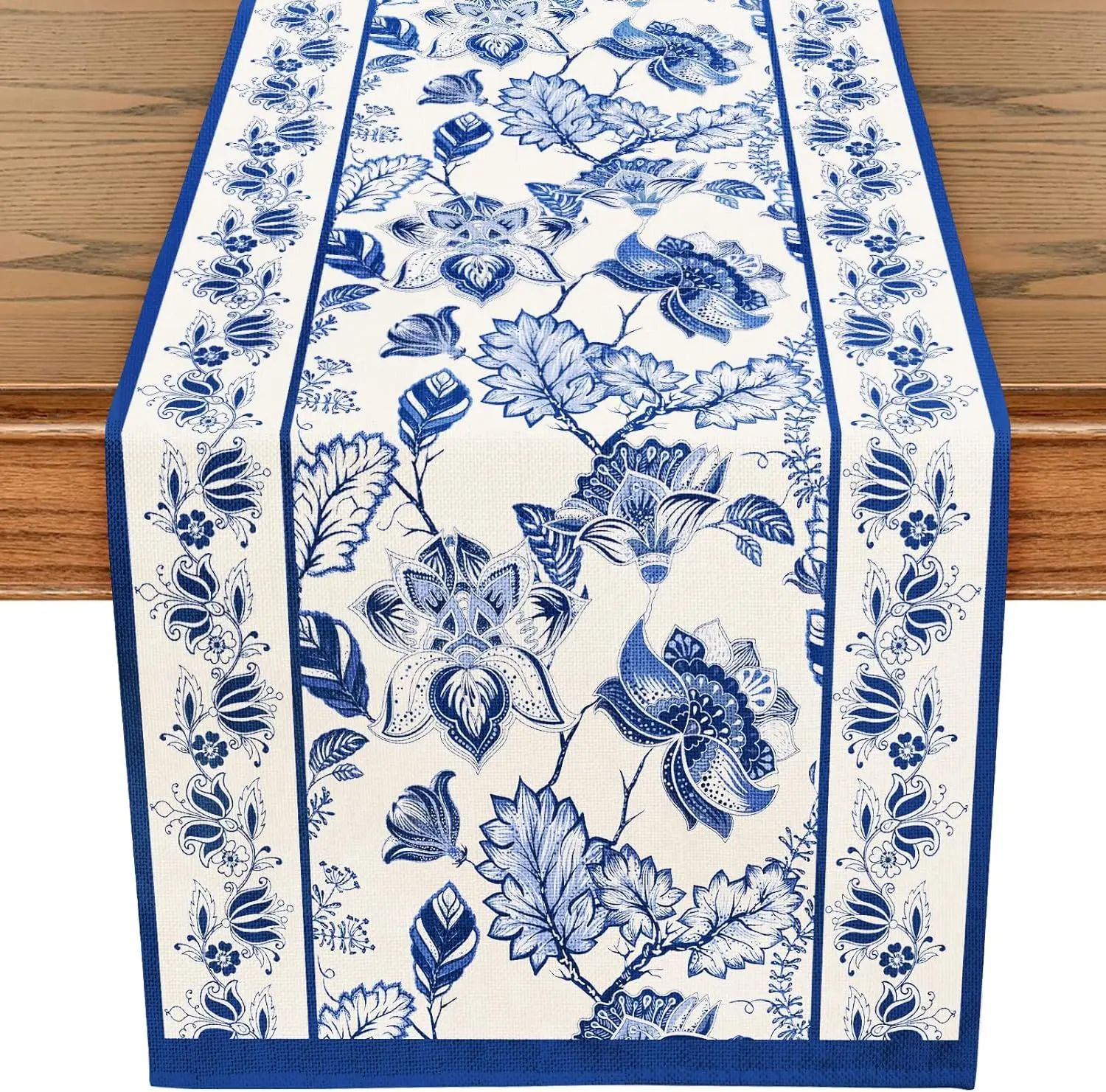 Blue Floral Linen Table Runner – Elegant Farmhouse Table Decor for Summer Dining & Celebrations