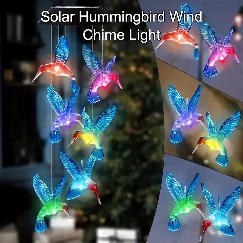 Solar Hummingbird Wind Chime LED Color Changing Garden Hanging Light Decor