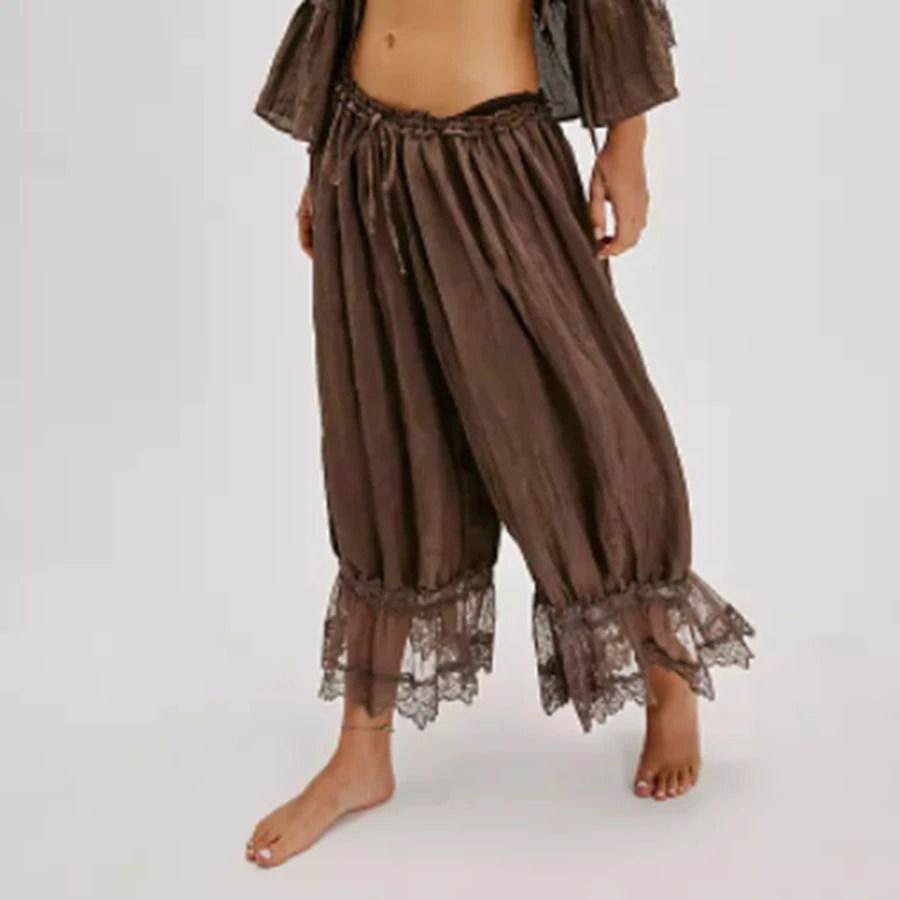 Womens High Waist Cropped Bloomers with Lace Detail and Drawstring Fit