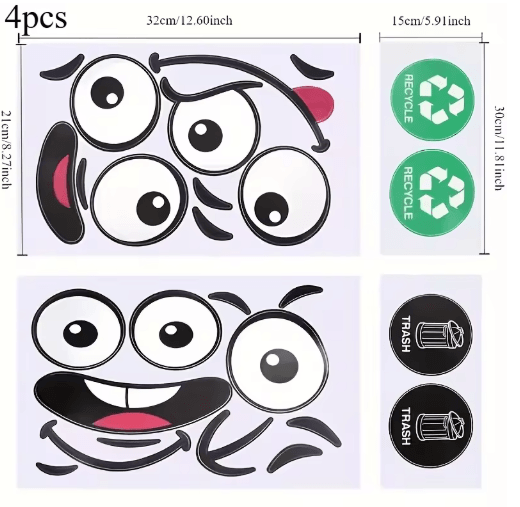 4-Piece Cartoon Face Trash Can Stickers – Fun Waterproof PVC Decals for Home Decor
