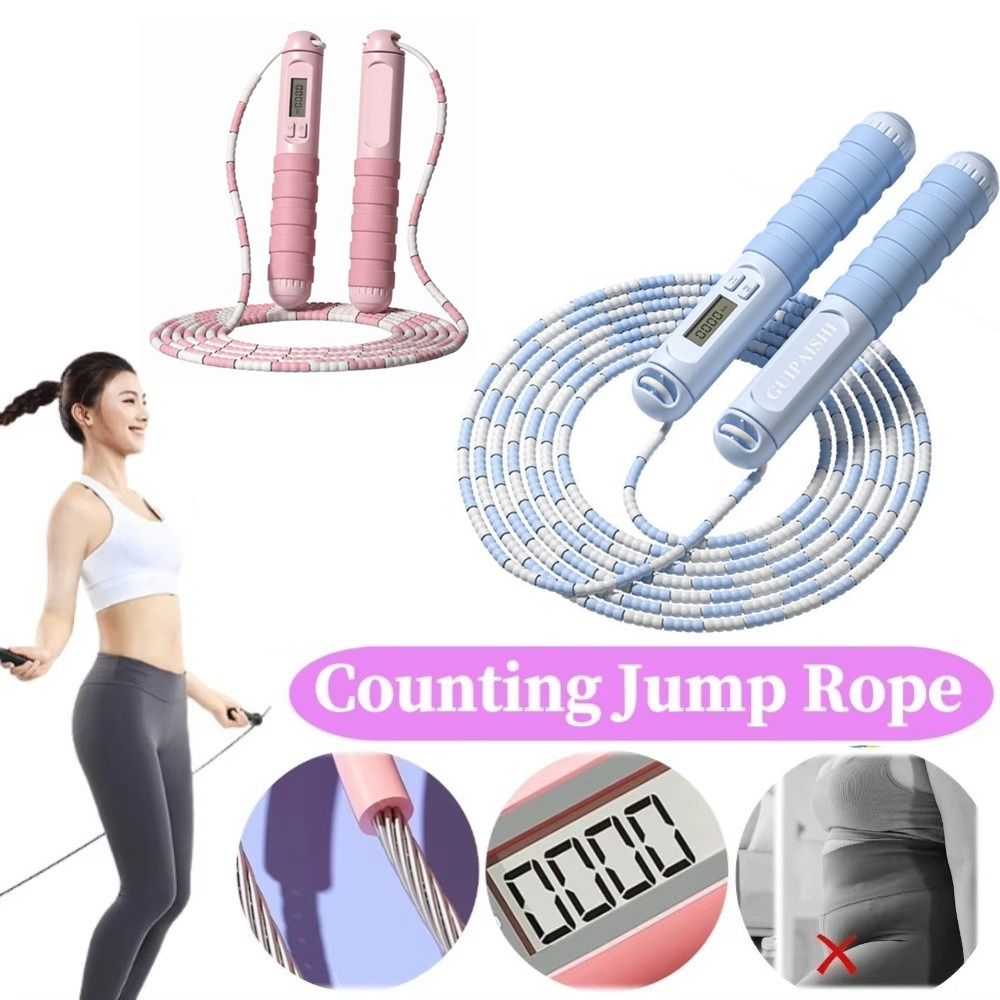 Adjustable Length Soft Beaded Jump Rope, No Tangle Bamboo Stem Training Rope