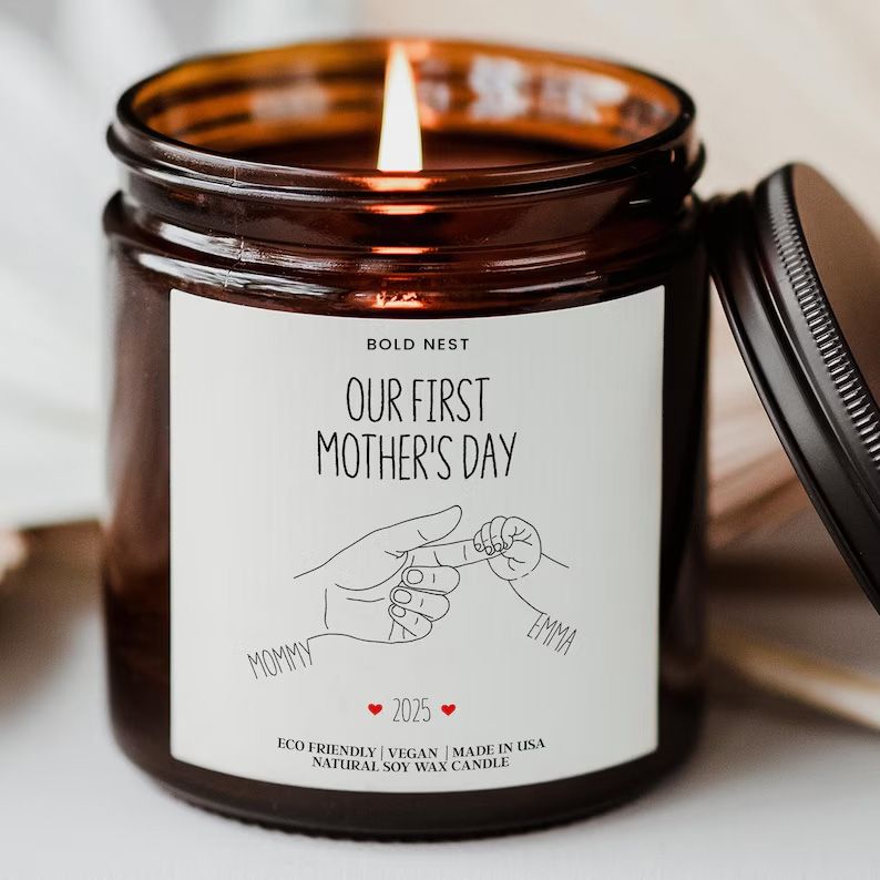 Our First Mothers Day Candle – Personalized Name Candle Gift for New Mom, Custom First-Time Mother Keepsake Scented Can