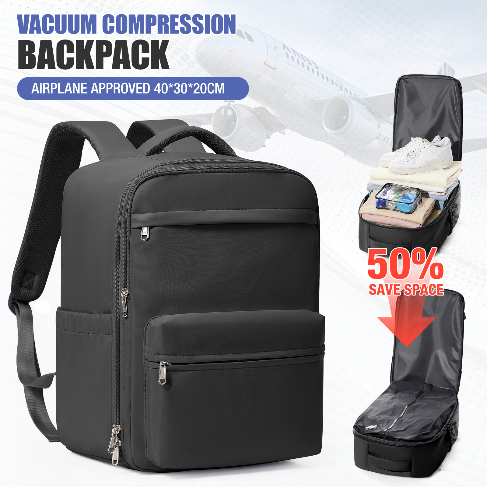 Vacuum Compression Travel Backpack Laptop Carry On Expandable Cabin Bag