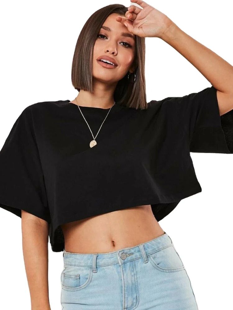 Womens Cotton Yoga Crop Top - Loose Fit Workout Tee