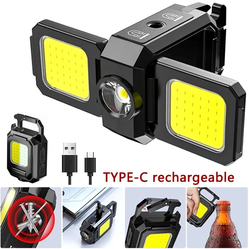 USB Rechargeable Mini COB Keychain Flashlight with 90° Foldable Work Lights