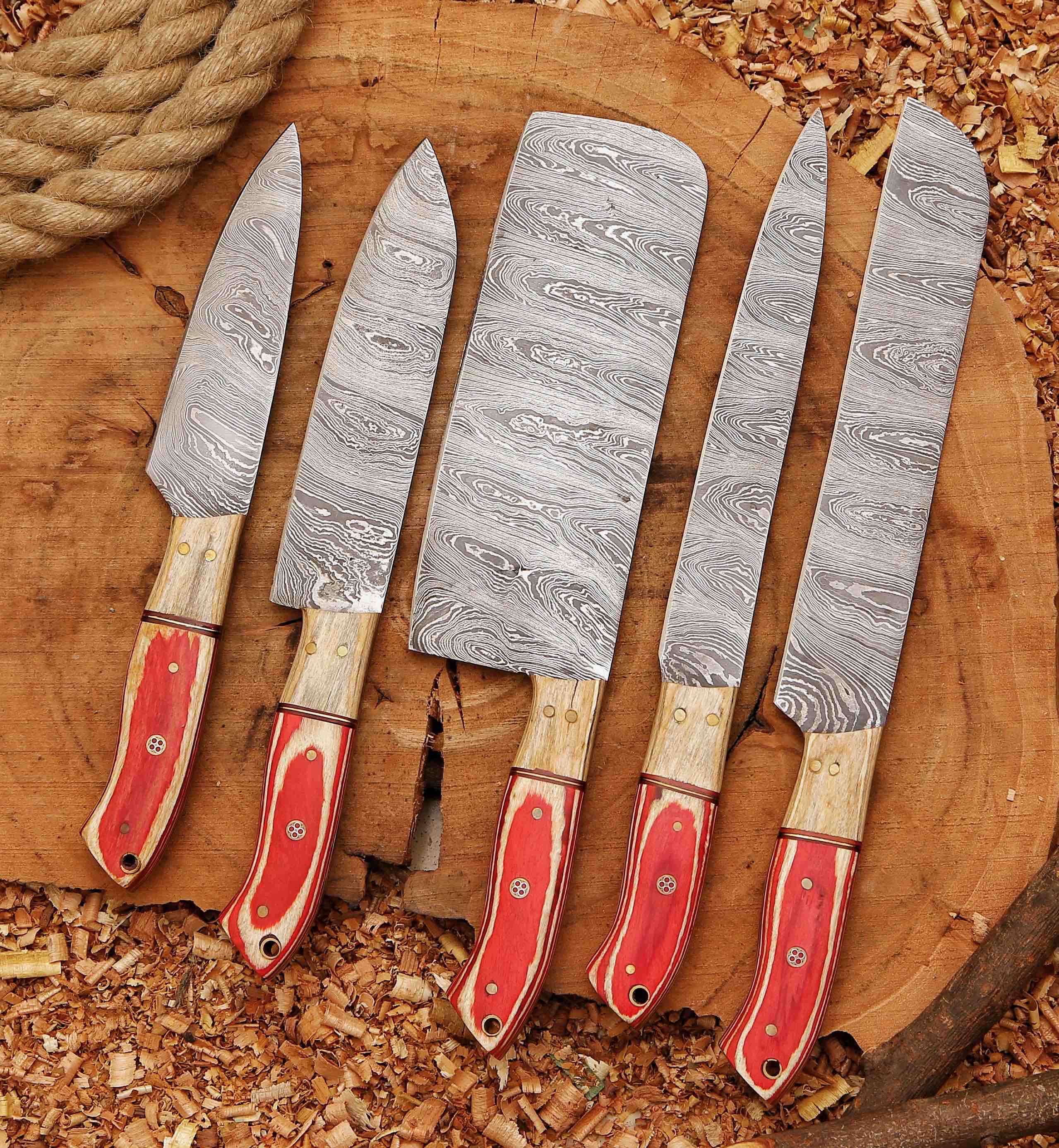 Forged Carbon Coated Steel Chef Set 5Pcs with Leather Roll Kit, Handmade Kitchen BBQ Set, Birthday