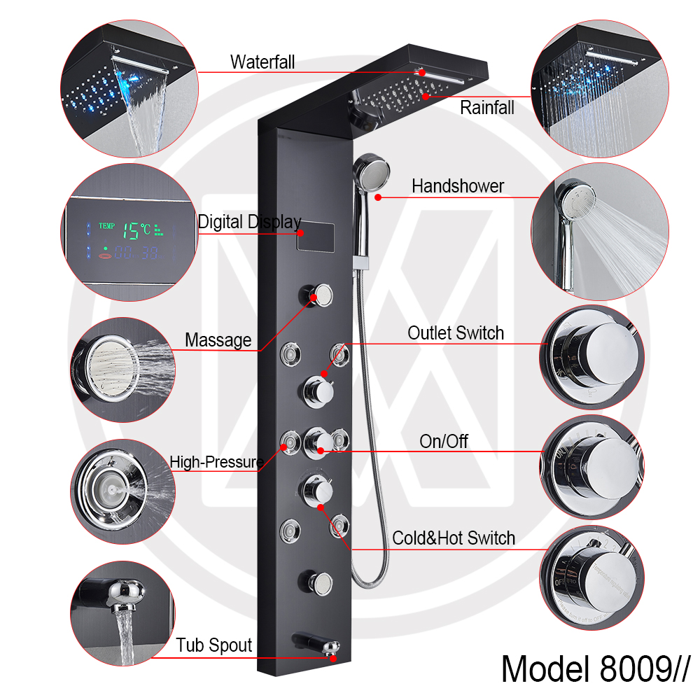 LED Light Shower Panel, Waterfall Rain Digital Display Shower Faucet Set, SPA Massage Jet Bathroom Column Mixer Tap