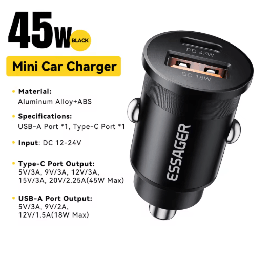 Essager 45W Mini USB C Car Charger PD 3.0 & QC 3.0 Fast Charging Adapter