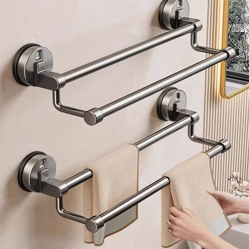 Punch-free Aluminum Double Rod Towel Shelf Bathroom Hanging Towel Slipper Storage Rack