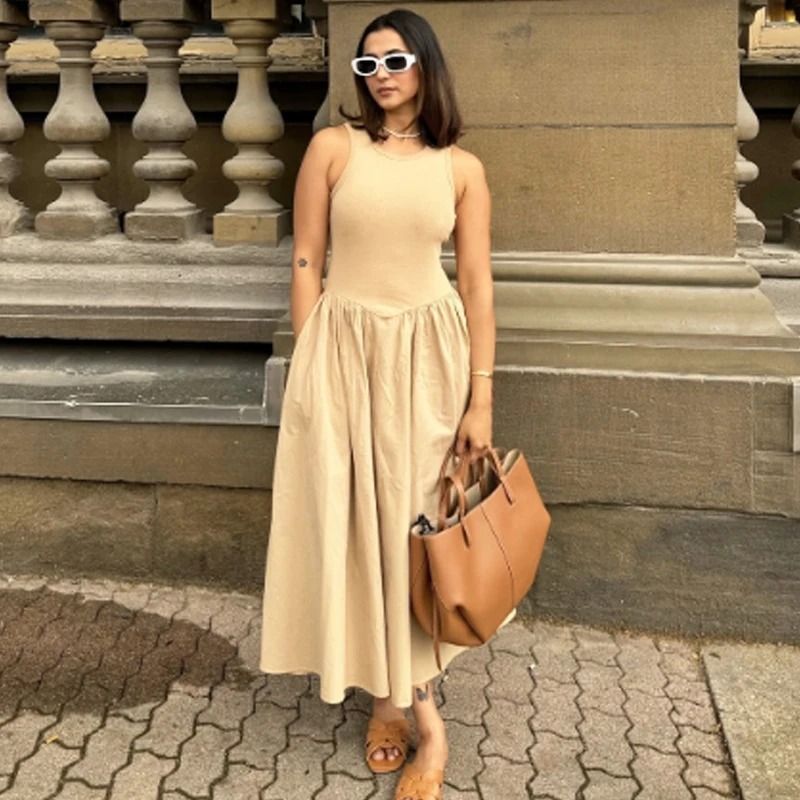 HXAO Khaki Elegant Sleeveless Long Dress 2025 Spring Fashion Casual Party Y2k Vestido