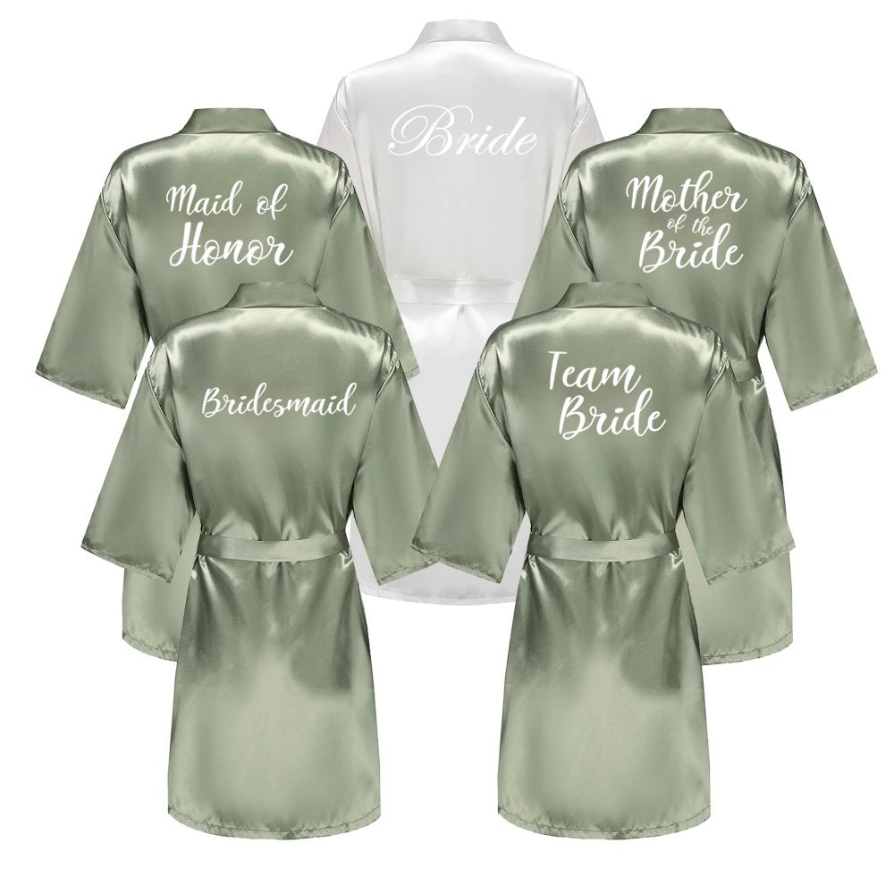 Grass Green Satin Bridal Party Robes With White Letter Bridesmaid Style