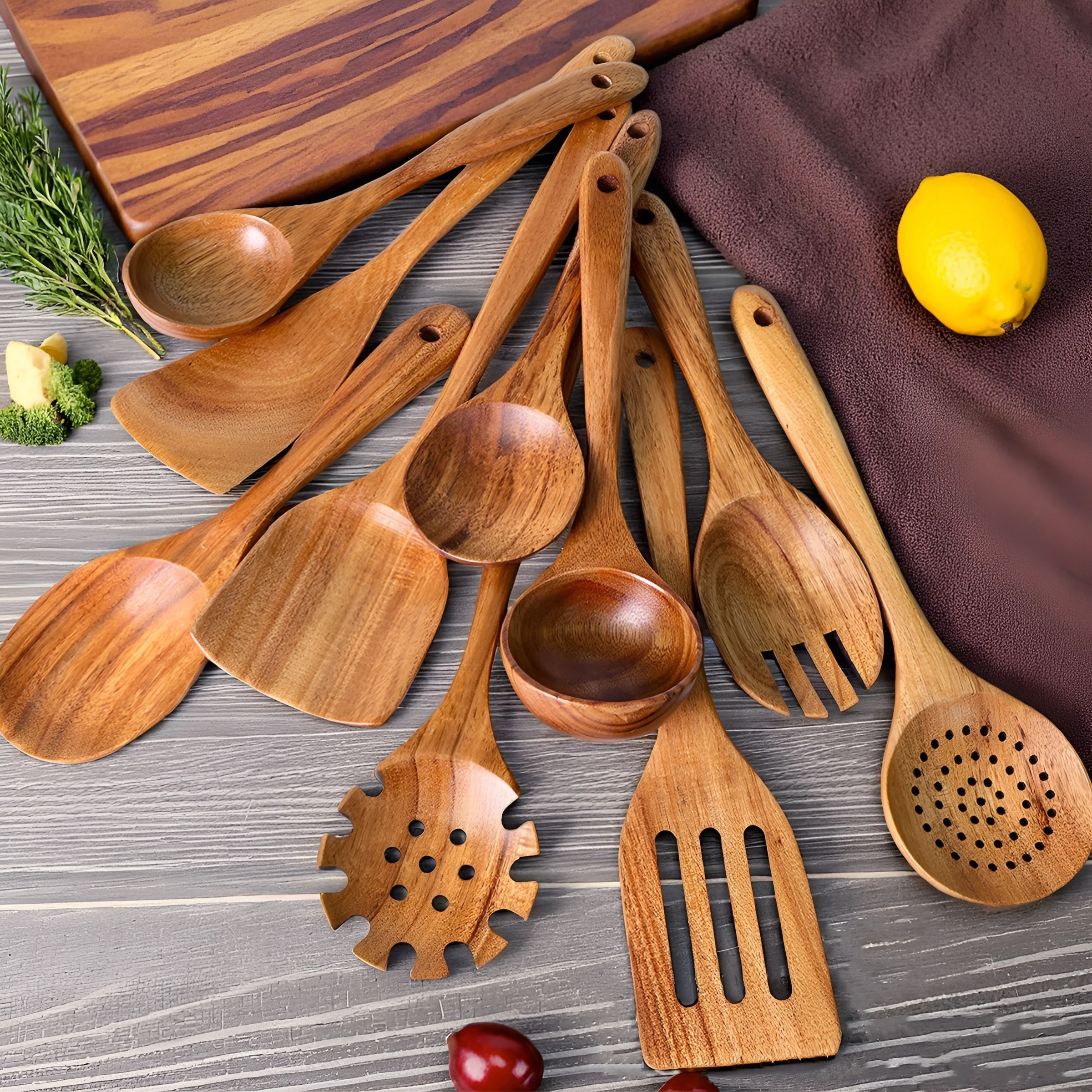 10-Piece Wooden Kitchen Utensil Set and Handcrafted Cooking Spoons