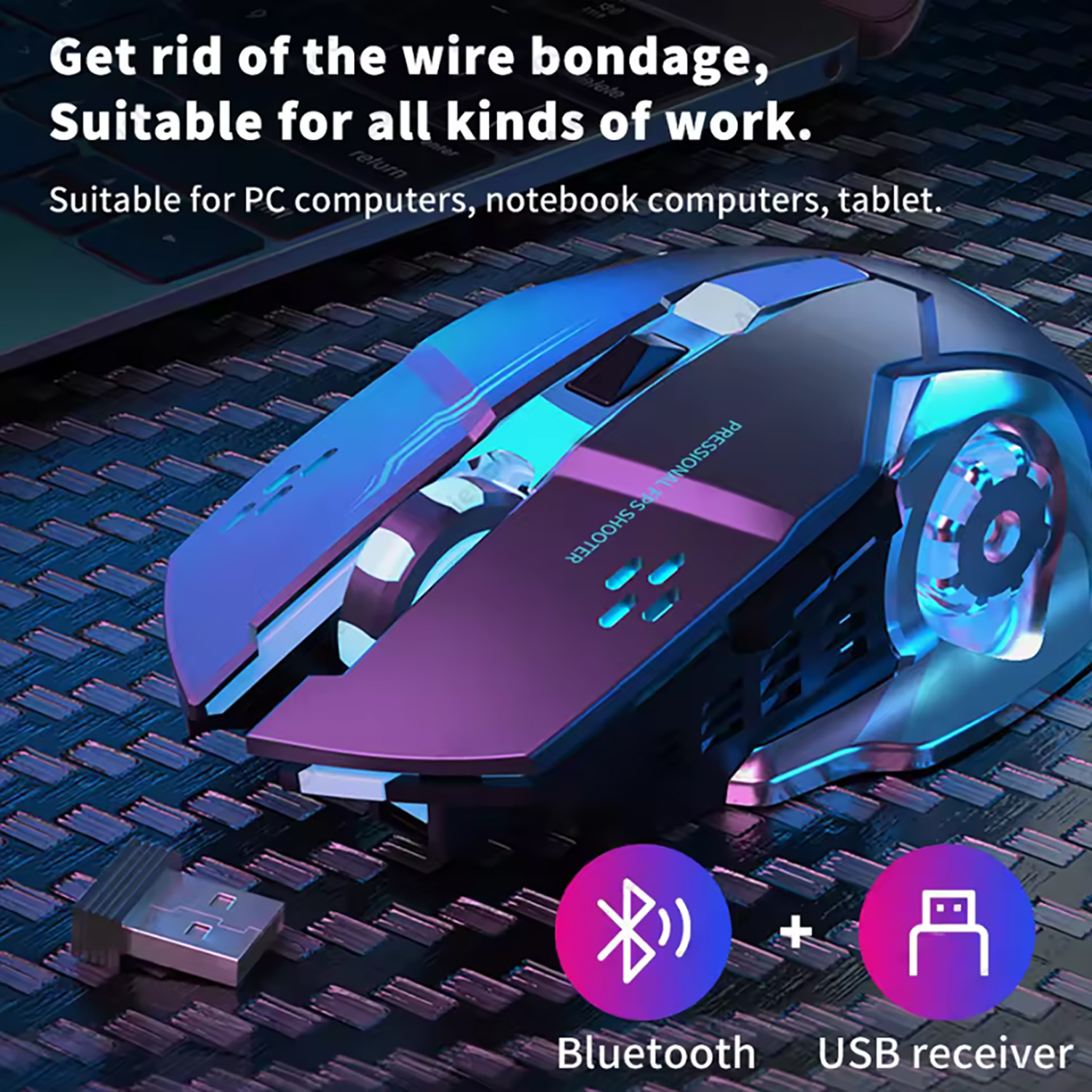 Wireless Gaming Mouse with Rechargeable Battery, Silent Bluetooth, Backlight PC Gamer Mouse, USB Mechanical Mouse