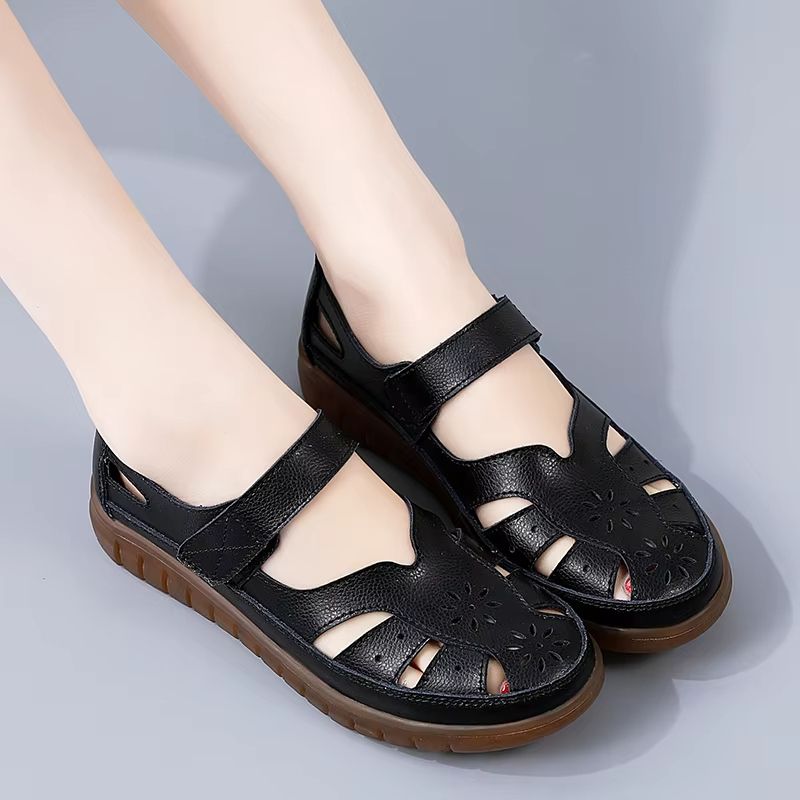 Women Summer Breathable Leather Sandals Non Slip Casual Roman Open Toe Flats
