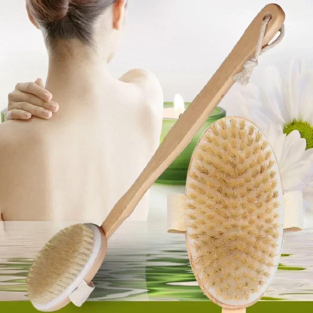 PureGlow Natural Bristle Back Scrubber – Back Scrubber Shower Brush with Detachable Wooden Handle