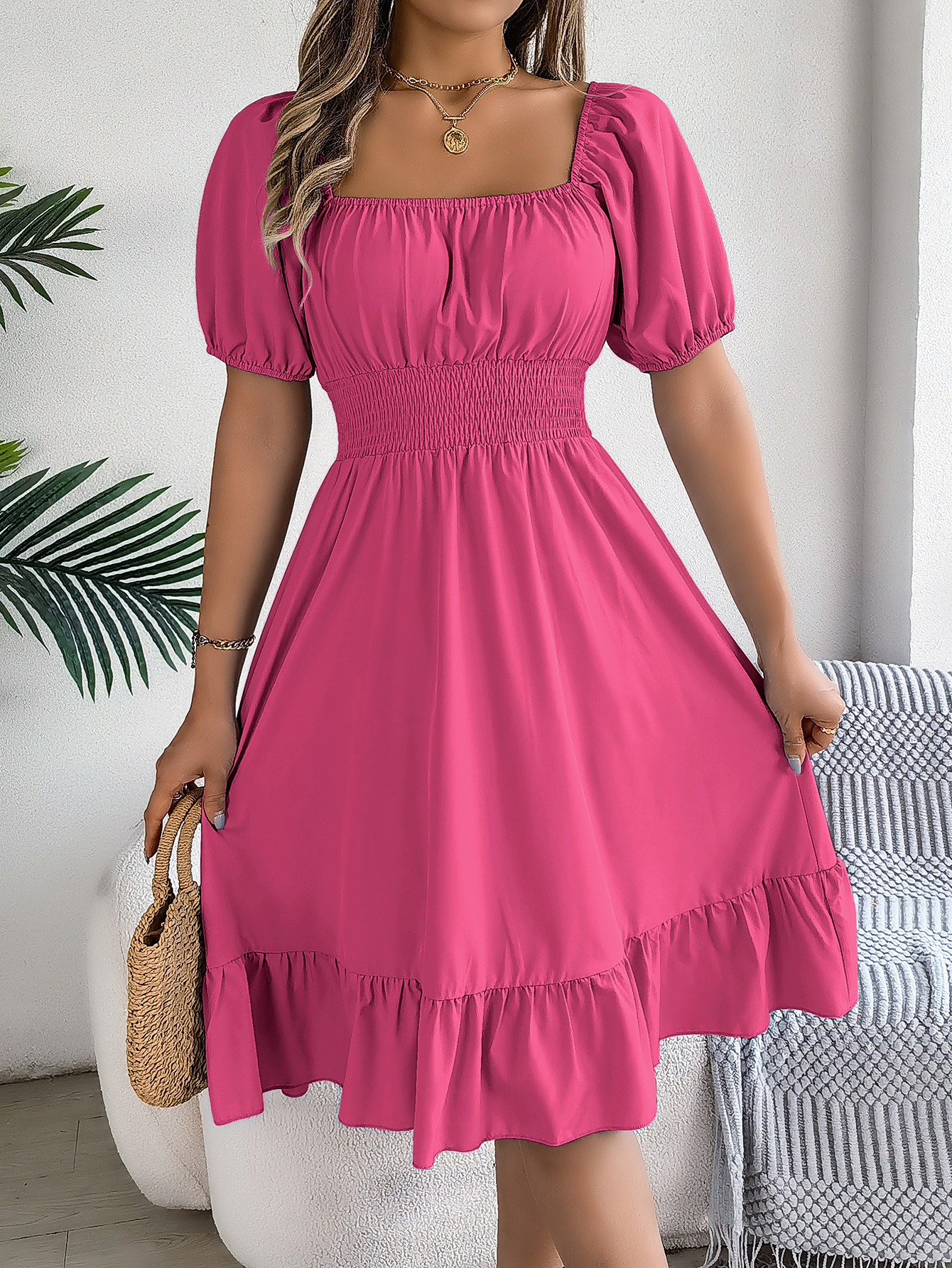 Short Sleeved Ruffled Edge Long Dresses, Waisted Dress Square Neck for Women
