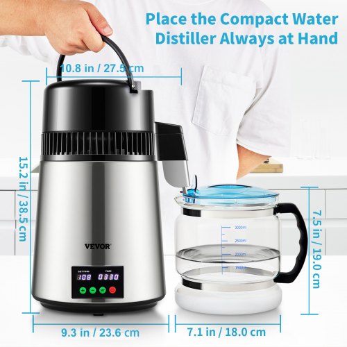 Water Distiller, Distilled Water Maker Machine with Timing & Temperature Display, Stainless Steel Countertop Distiller