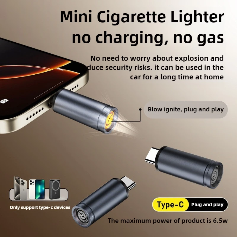 USB C Cigarette Lighter Adapter, Type C Mini Lighter, Blow-to-Ignite, Auto Shut-Off, No Battery