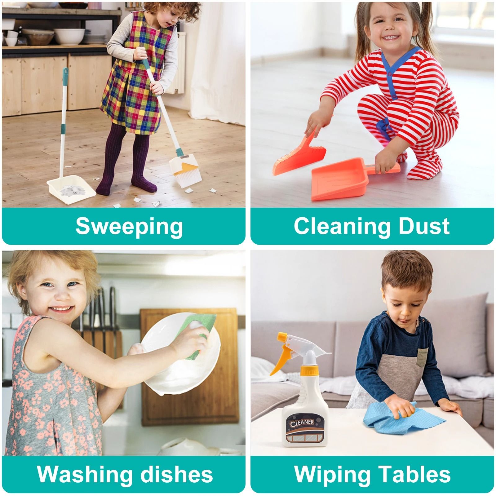 Kids Cleaning Set Play House Toy Pretend Cleaning Kit with Broom Mop and Bucket