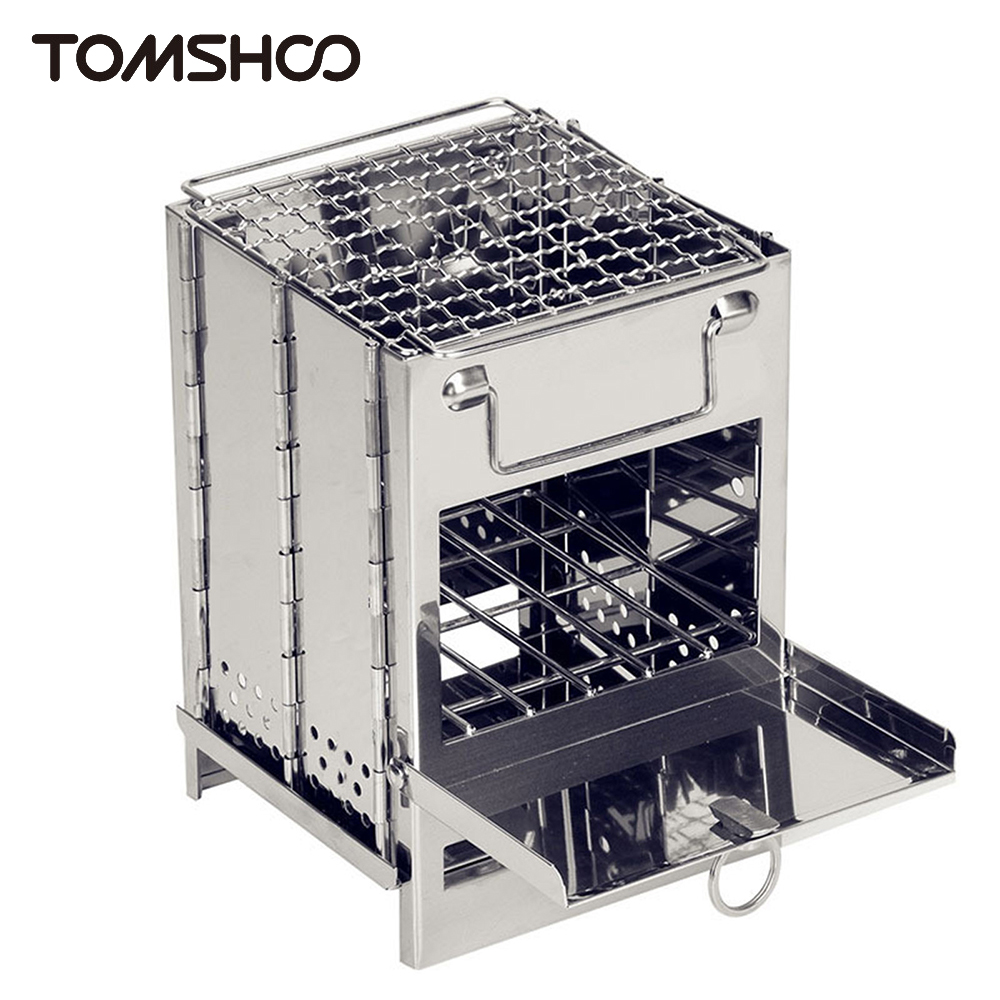 Portable Stainless Steel Wood Stove with Mini Charcoal Grill for Camping