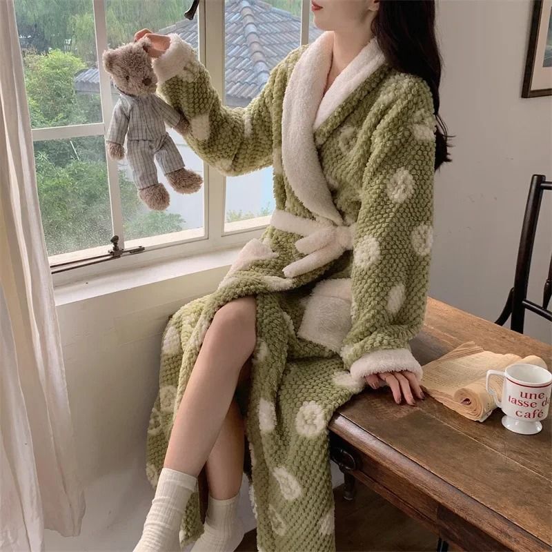 Cute Winter Pajama Robe Set Coral Fleece Nightgown Plus Velvet Warm Sleepwear