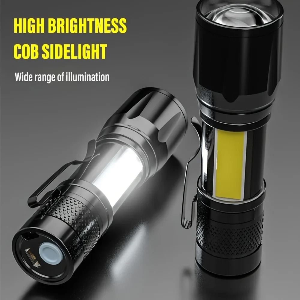 USB Rechargeable Mini COB and XPE LED Flashlight with Zoom and Pen Clip