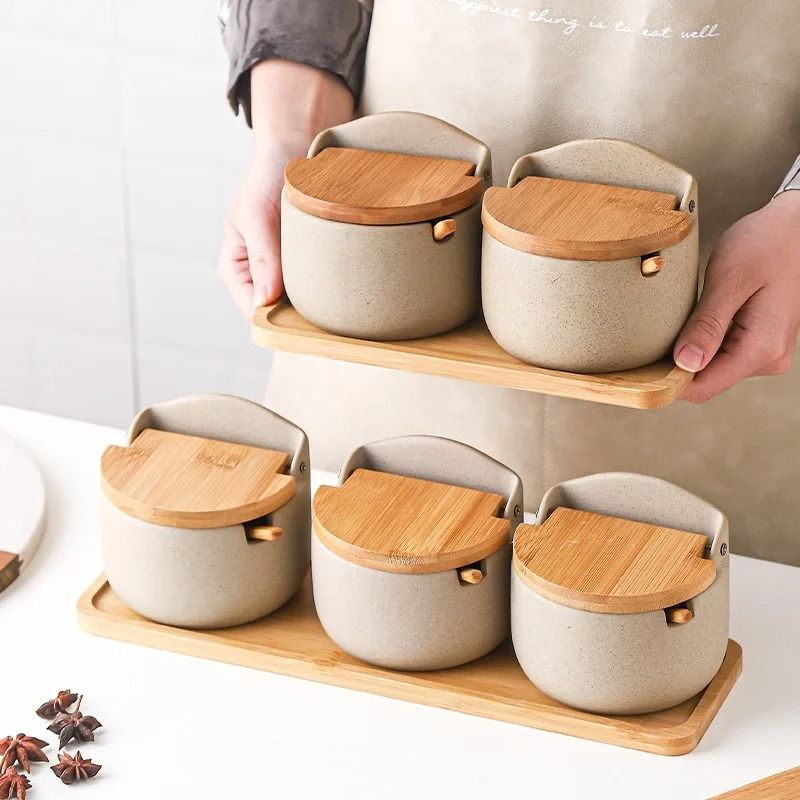 Japanese Style Ceramic Seasoning Jar Set With Bamboo Lid And Spoon