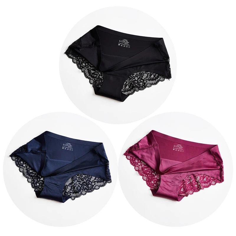 Womens Panties Lace Underwear Satin Briefs Three Piece Set Soft Cozy Underpants
