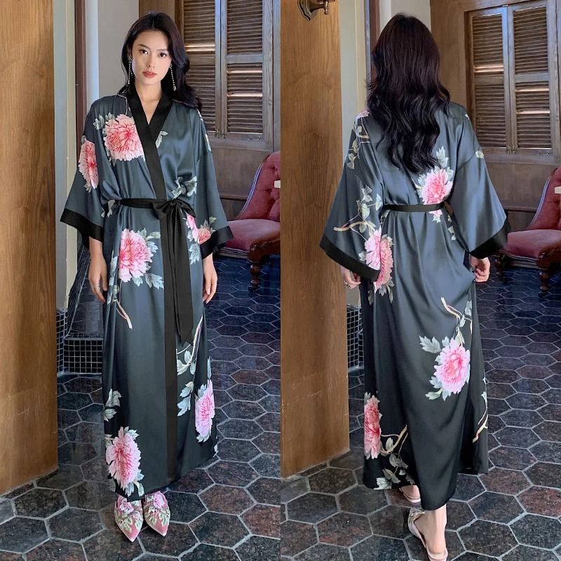 New Spring Summer Female Long Robe Set – Sexy Flower Print Kimono & Silk Satin Casual Lounge Wear