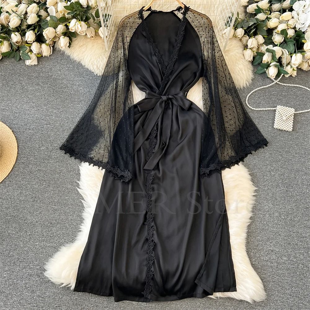 Sexy Embroidered Edge Kimono Robe – Professional Silk Satin Long Gown with Mesh Sleeves