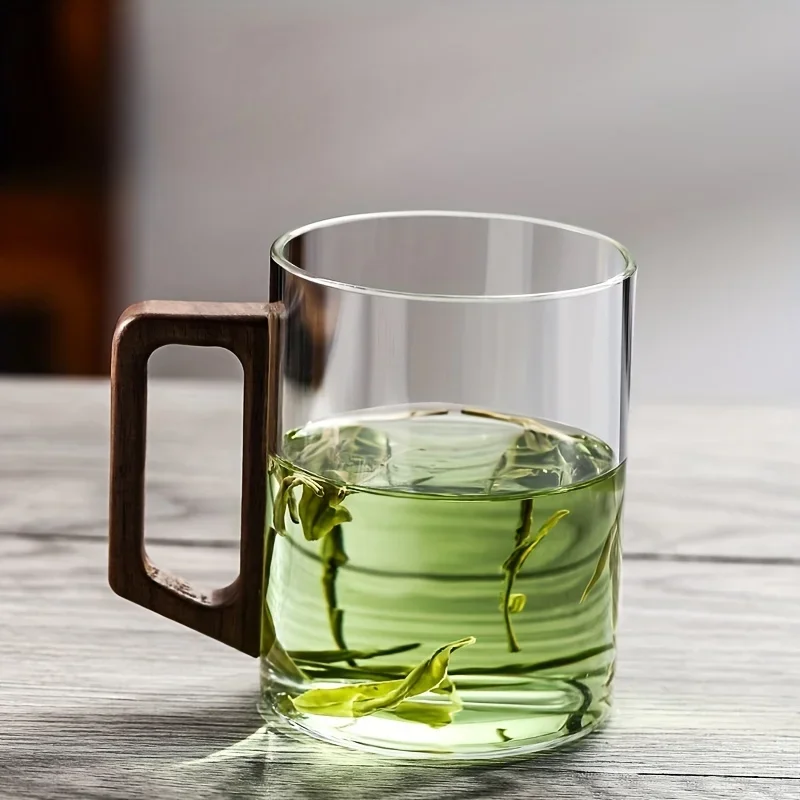 Glass Cups, Walnut Handle, Heat-resistant Mug, Large Capacity, Tea Making Cup, Office Drinking Glasses