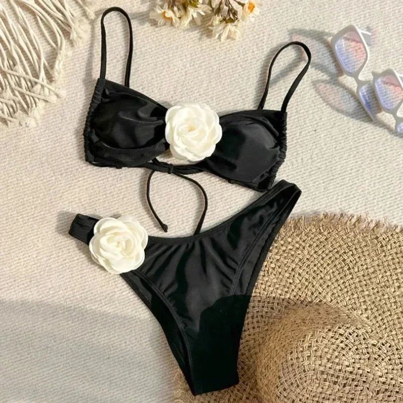Sexy Floral Bandeau Push-Up Thong Bikini Set Women 2025