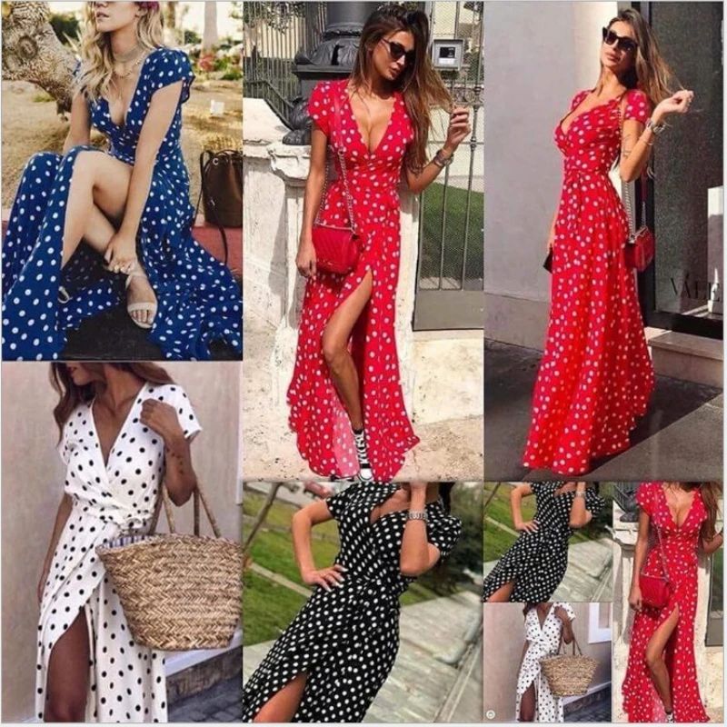 Women White Boho Polka Dot V Neck Summer Maxi Dress