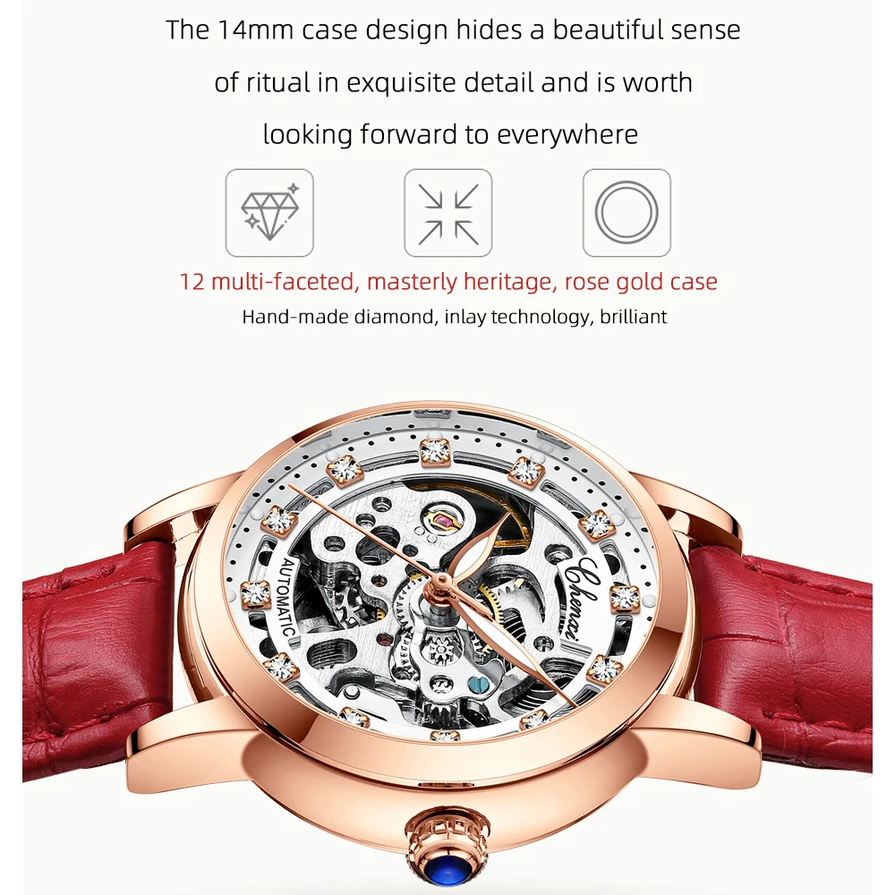 Luxury Women Automatic Mechanical Watch, Waterproof Stainless Steel, Ladies Skeleton Wrist Watch