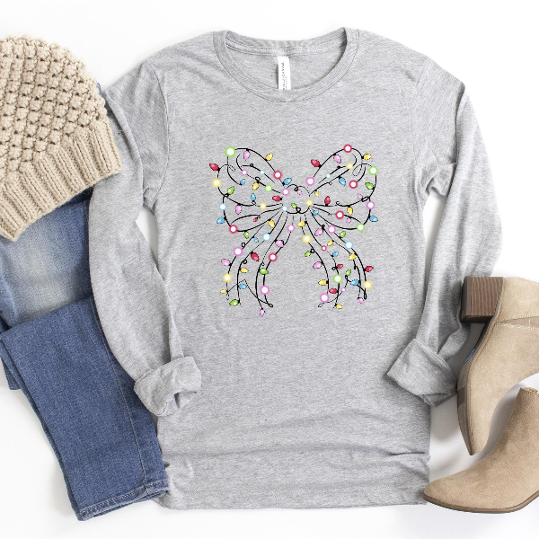 Christmas Lights Coquette Bow Sweatshirt | Funny Holiday Bow Graphic Crewneck Womens Festive Xmas Pullover
