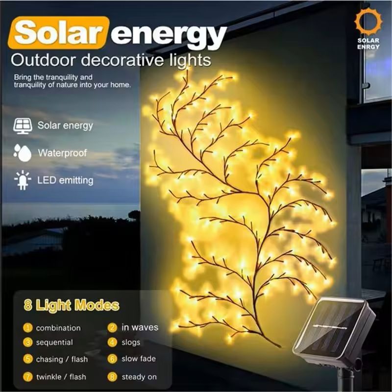 96 LED Solar Willow Vine String Lights Outdoor with 8 Modes for Balcony and Garden Decor