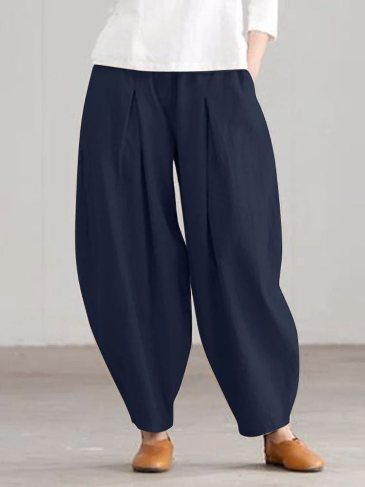 Women Summer Cotton Wide Leg Pants Elastic Waist Loose Casual Trousers