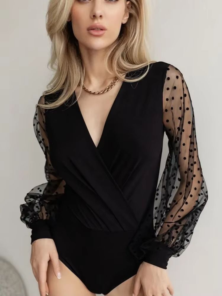 Elegant Polka Mesh Women's Long Sleeve Stretch Bodysuit with Balloon Sleeves
