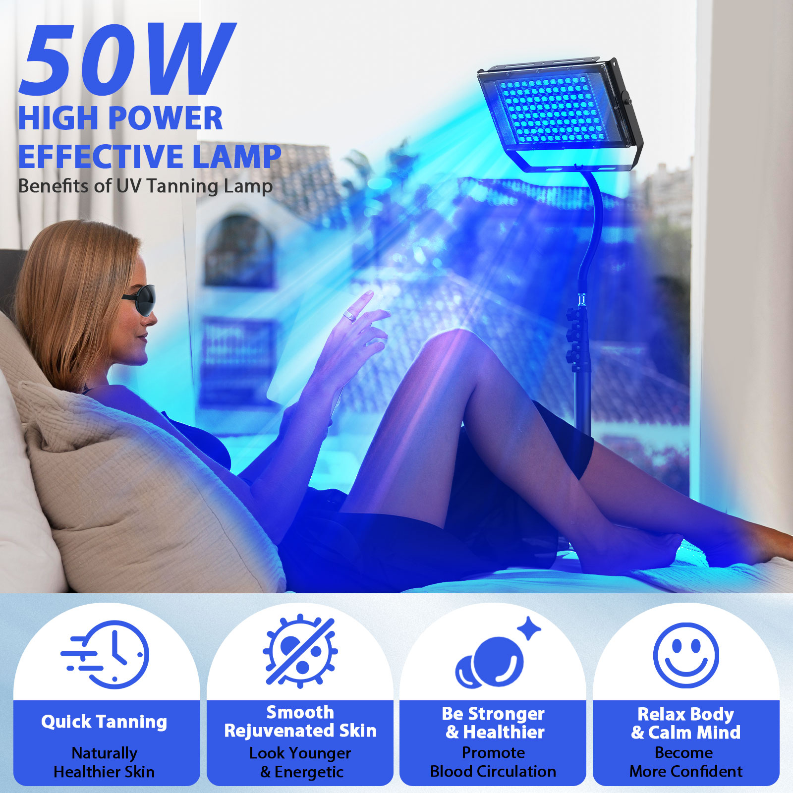 Ultraviolet Tanning Lamp Tripod Solarium Lamp for Tanning Body, Blue Light Wavelength, Skin Care
