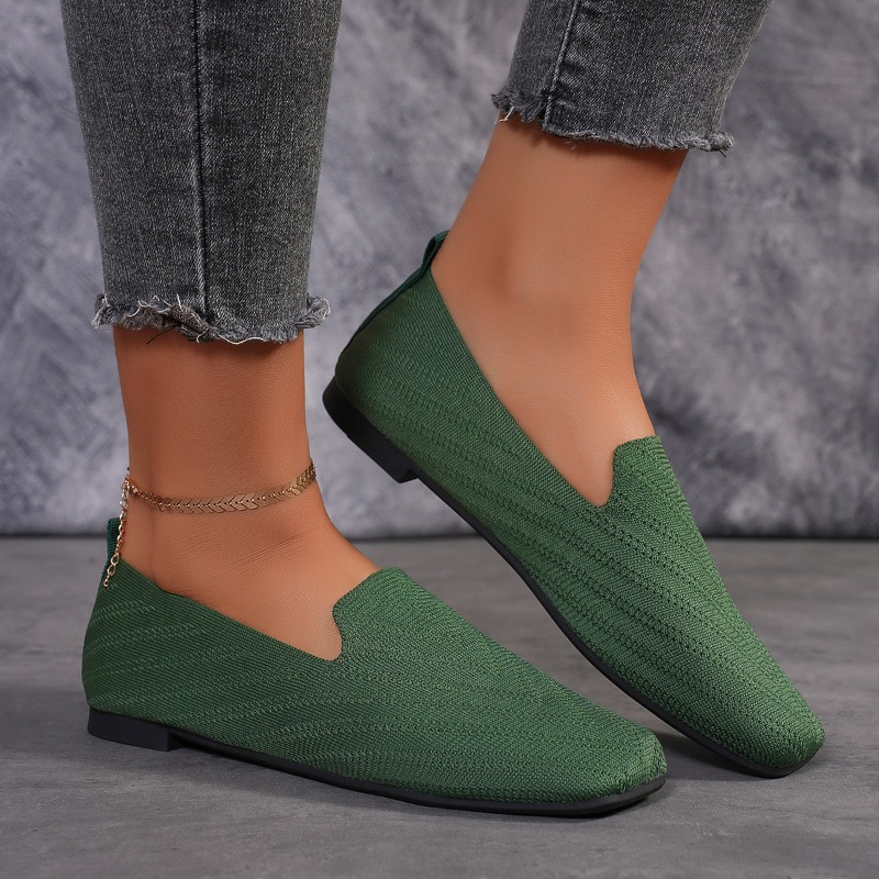 Womens Solid Color Square Toe Mesh Loafers Soft Bottom Knit Ballet Flats Shallow Slip On Casual Comfortable Flats Shoes