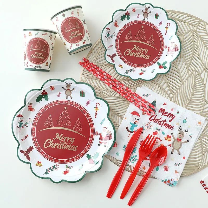 JUSTINLAU Deluxe Christmas Cutlery & Disposable Tableware Set – Festive Plates, Cups & Decor