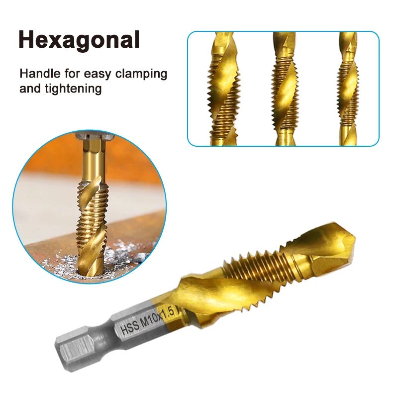 6 Pcs Titanium Plated Drill Tap Set M3–M10 - High Speed Steel Hex Shank Tap & Drill Combo with Chamfer Tool