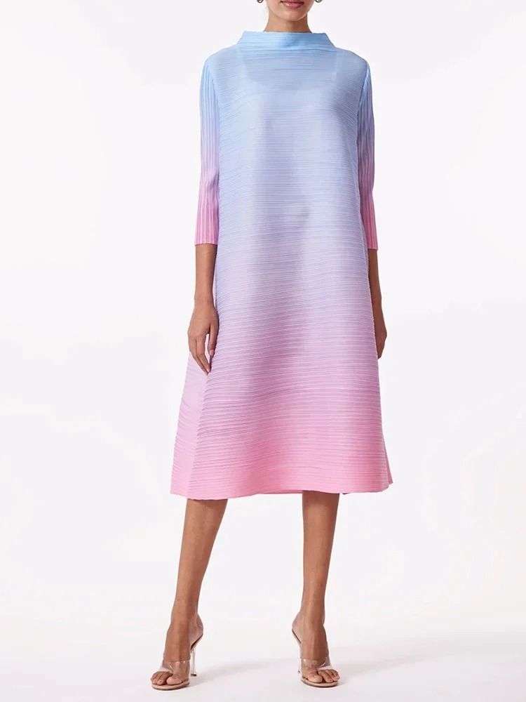 Gradient Pleated High Fashion Mid Calf Dress