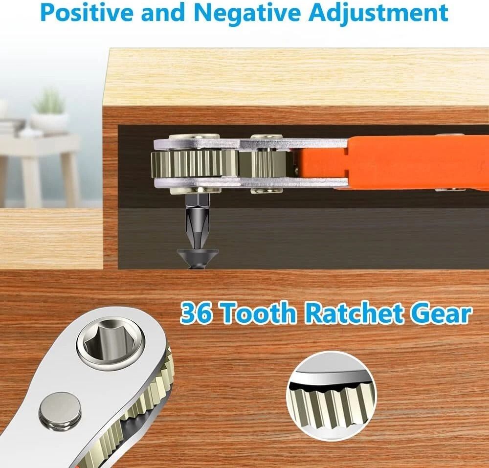 Compact Right Angle Ratcheting Screwdriver with Hex Drive Bit Set