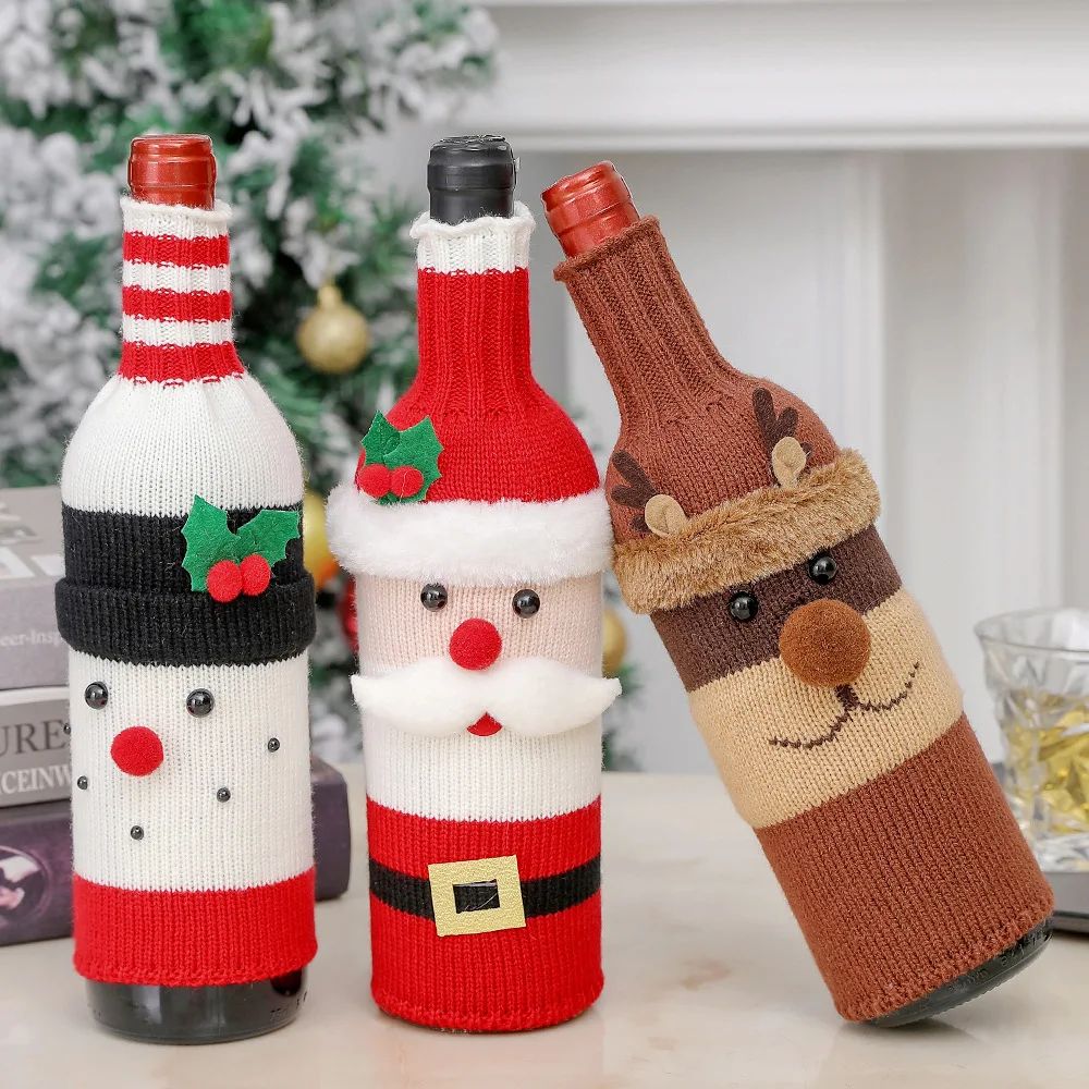 Christmas Wine Bottle Cover Set Santa and Snowman Woven Holiday Bottle Bags for Party Table Decor