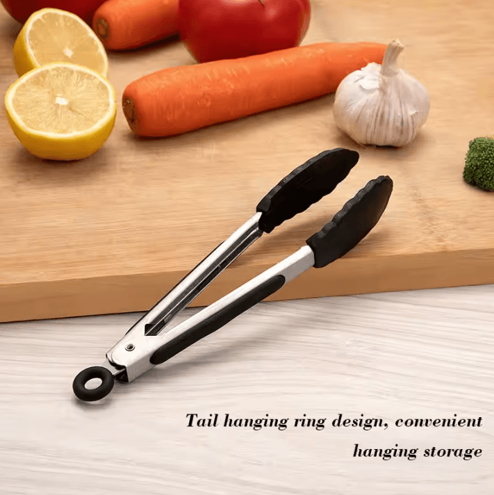7Inches Black Silicone Food Tongs with Stainless Steel Body – BBQ Grilling Tongs for Camping and Outdoor Cooking