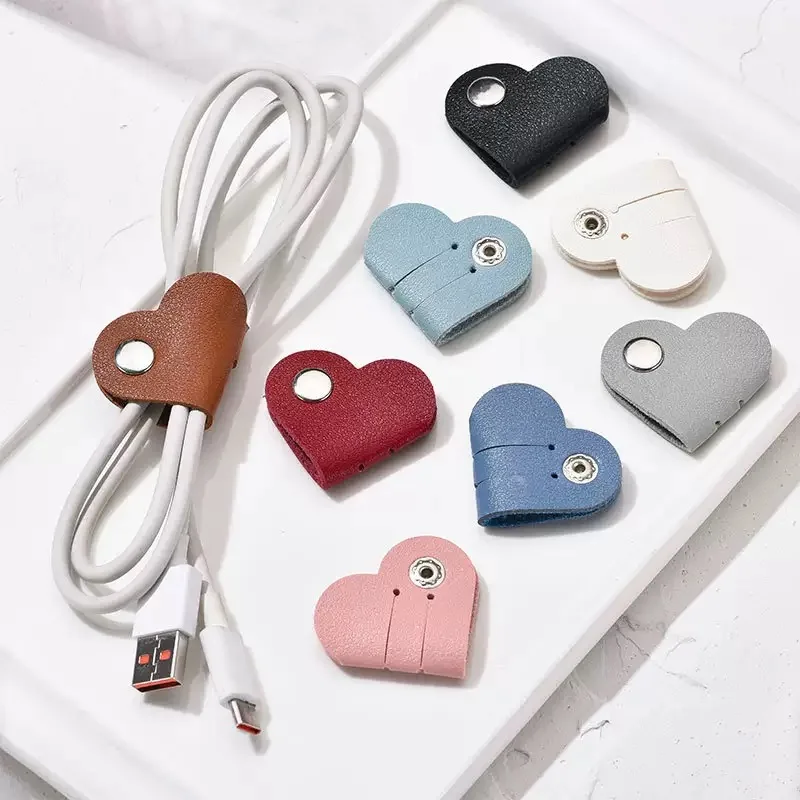 PU Leather Data Cable Organizer, Multifunctional Heart-shaped Clip Hub, Phone Data Storage Winding Clip